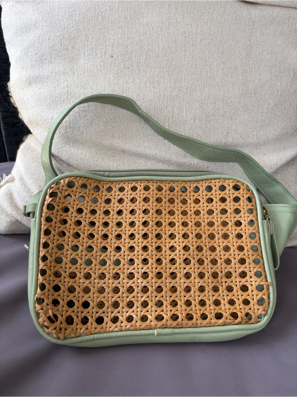 Free People Mint Green and Natural Woven Crossbody Bag